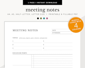 Meeting Notes Template, Meeting Agenda, Meeting Management, Meeting Minutes, Fillable & Printable Planner Inserts, A4/A5/Letter/Half Size