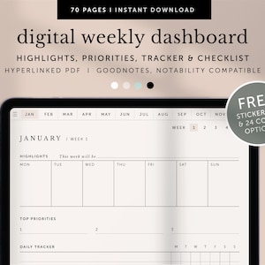 Op de afbeelding: Een digitale wekelijkse dashboardplanner op een tabletscherm. De planner bevat secties voor hoogtepunten, topprioriteiten en een dagelijkse tracker. De planner is compatibel met de apps Goodnotes en Notability. De afbeelding toont ook een gratis stickerset en 24 coveropties.