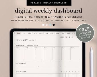 Digital Weekly Dashboard, Digital Weekly Project Overview, Goodnotes Weekly Planner, Notability Planner, IPad Planner, Hyperlinked PDF