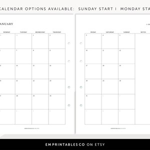 K&ouml;nnte beinhalten: Eine druckbare Kalender-Vorlage f&uuml;r Januar 2023 mit zwei Optionen: Sonntagsanfang und Montag-Anfang. Der Kalender ist in zwei Seiten unterteilt, jede mit einem Raster f&uuml;r die Tage und einem Notizbereich.