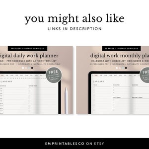 Puede incluir: Dos dise&ntilde;os de planificadores digitales para el trabajo. El primero es un planificador diario con un horario de 7 AM a 7 PM y una lista de elementos de acci&oacute;n. El segundo es un planificador mensual con un calendario, una lista de verificaci&oacute;n, recordatorios y m&aacute;s. Ambos son archivos PDF hipervinculados compatibles con Goodnotes y Notability. Cada planificador incluye un conjunto de pegatinas gratuito y 24 opciones de portada.