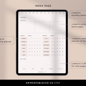 May include: A digital planner index page with a white background and gray text. The page is divided into sections for priorities, monthly, weekly, and note pages. The monthly section includes a list of months from January to December. The weekly section includes a grid of numbers for each week of the year. The note pages section includes a list of different note page layouts, including lined, grid, dot, Cornell, and to-do list.