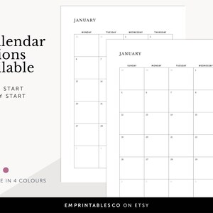 K&ouml;nnte beinhalten: Zwei druckbare Kalendervorlagen f&uuml;r Januar, eine mit einem Sonntagsanfang und eine mit einem Montag. Die Kalender sind leer und k&ouml;nnen ausgef&uuml;llt werden.