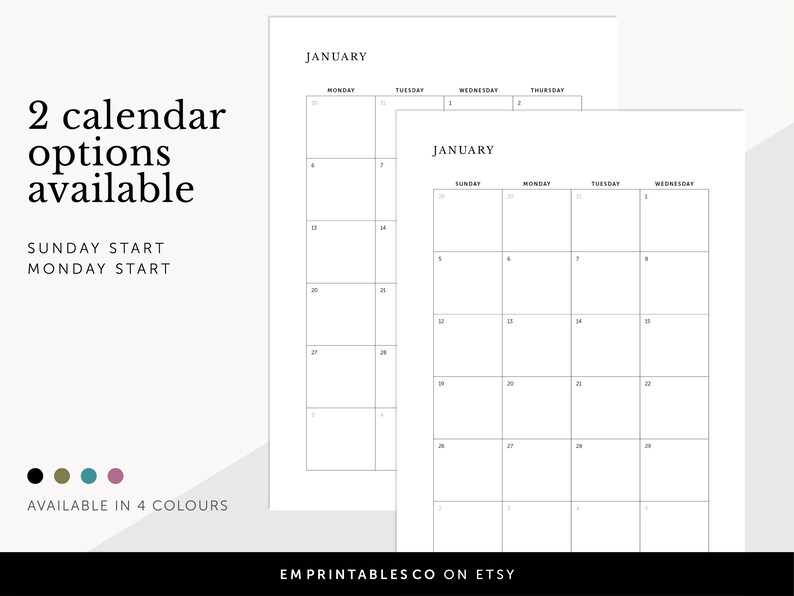 K&ouml;nnte beinhalten: Zwei druckbare Kalendervorlagen f&uuml;r Januar, eine mit einem Sonntagsanfang und eine mit einem Montag. Die Kalender sind leer und k&ouml;nnen ausgef&uuml;llt werden.