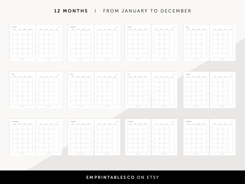 K&ouml;nnte beinhalten: Druckbare Kalenderseiten f&uuml;r jeden Monat des Jahres, von Januar bis Dezember. Die Kalenderseiten sind leer und k&ouml;nnen mit Terminen und Ereignissen gef&uuml;llt werden.