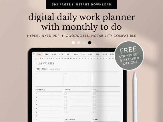 Digital Daily Work Planner, Work From Home Daily Monthly Planner, Office Planning, Work Schedule, Goodnotes, Notability, Hyperlinked PDF