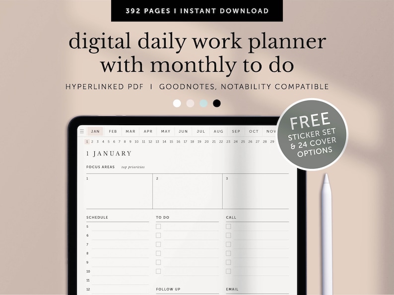 Puede incluir: Un planificador de trabajo diario digital con una vista de calendario mensual en la pantalla de una tableta. El planificador incluye secciones para &aacute;reas de enfoque, horario, tareas pendientes, llamadas, seguimiento y correo electr&oacute;nico. El texto "1 JANUARY" se muestra en la parte superior del planificador. Tambi&eacute;n se incluye un conjunto de pegatinas gratuito y 24 opciones de portada.