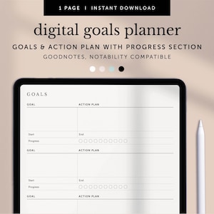 Pode incluir: Um modelo de planejador de objetivos digital compatível com os aplicativos Goodnotes e Notability. O modelo inclui seções para objetivos, planos de ação e acompanhamento do progresso com uma barra de progresso.