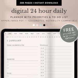 May include: A digital daily planner on a tablet screen. The planner is for January 1st and includes a schedule, priorities, and to-do list. The planner is compatible with Goodnotes and Notability. A free sticker set and 24 cover options are included.