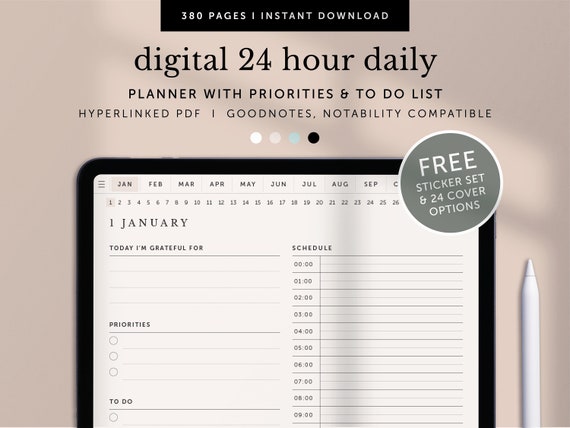 Digital 24-hour Daily Planner, Daily Productivity Planner, Daily To do Planner, Goodnotes Planner, Notability Planner, iPad, Hyperlinked PDF
