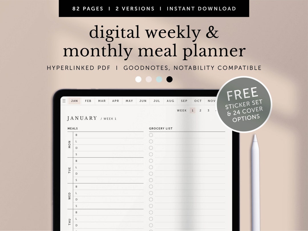 Digital Weekly Monthly Meal Planner, Weekly Food Planner With Monthly ...
