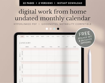Digital Work From Home Monthly Planner, Undated Monthly Calendar, Digital Monthly Overview, Goodnotes, Notability, iPad, Hyperlinked PDF