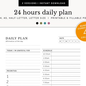 Planificador diario de 24 horas, Horario diario de 24 horas, Organizador diario, Lista de tareas pendientes, Rellenable e imprimible, Insertos de planificador, A4/A5/Carta/Tamaño medio