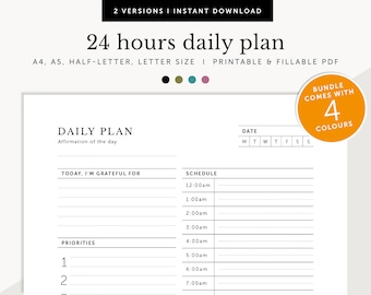 Puede incluir: Un planificador diario imprimible con un diseño en blanco y negro. El planificador incluye secciones para afirmaciones, gratitud, prioridades y un horario. El texto "Planificador diario de 24 horas" está en la parte superior de la página. El texto "El paquete incluye 4 colores" está en un círculo en la esquina superior derecha de la página.