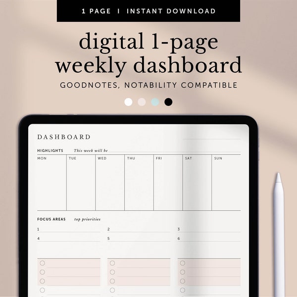 Digital 1-page Weekly Dashboard, Digital Weekly Project Overview, Goodnotes Single Page Weekly Planner, Notability, IPad, Hyperlinked PDF