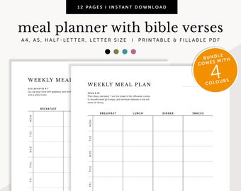 Weekly Meal Planner with Bible Verses, Christian Weekly Meal Schedule, Meal Template, Food List, Printable Planner, A4/A5/Letter/Half Size