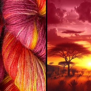 May include: Close-up of a skein of yarn with red, orange, and yellow stripes. The yarn is soft and fluffy, and the colours are vibrant. The background is a blurry image of a sunset over a savanna.
