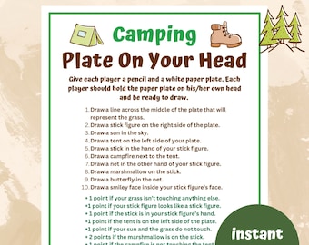 Camping Plate On Your Head Printable | Camp icebreaker | Camping Activities for Adults Kids | Girl Scout Boy Scout Troop | Campground games