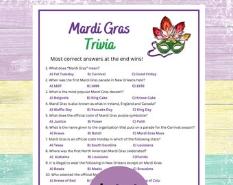 Mardi Gras Trivia Game | Printable Mardi Gras Party Game| Instant Download | Mardi Gras Activity | Fun Mardi Gras Game