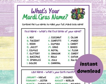 What's Your Mardi Gras Name Game | Printable Mardi Gras Game| Instant Download | Mardi Gras Activity | Classroom Activity | Fat Tuesday Game