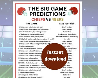 Game Time Predictions | Big Game LVIII 2024 | Super 58 Game | Football 2024 Printable | Watch Party | Football Predictions | Football Odds