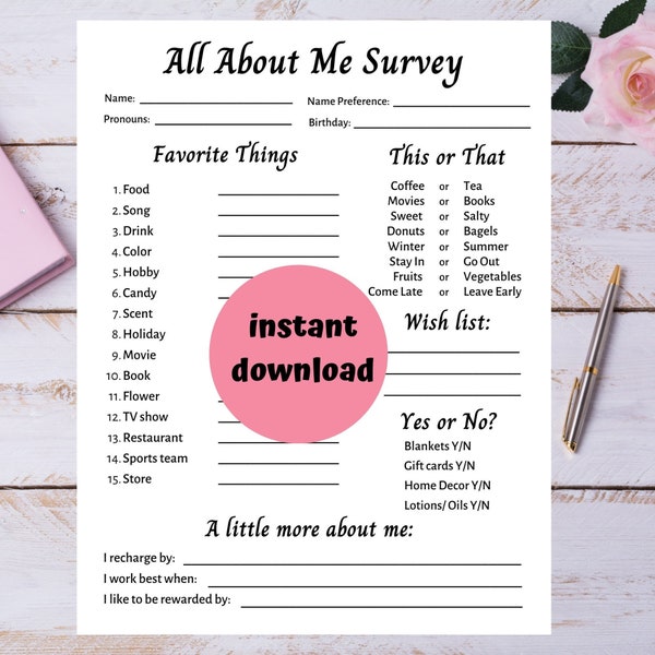 Coworker Questionnaire Survey | All About Me | Gift Exchange Ideas | Get To Know My Team | Get To Know Me Survey | Coworker Questions