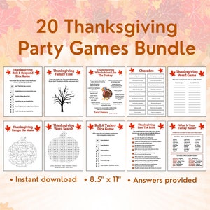 Op de afbeelding: Een set van 20 printbare Thanksgiving-feestspellen. De spellen omvatten een verscheidenheid aan activiteiten zoals woordzoekers, doolhoven, dobbelspellen en charades. De spellen zijn ontworpen voor papier van 21,6 x 27,9 cm en bevatten antwoorden.