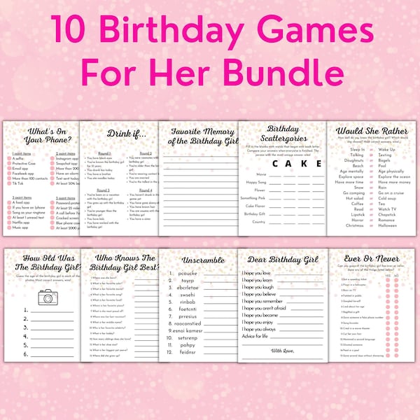 10 Printable Birthday Games For Her Bundle | Adult Birthday Games | 20th 30th 40th 50th Women's Birthday Party Games | Bday Games Bundle