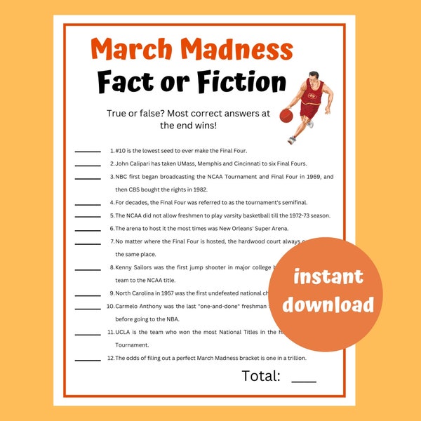 March Madness NCAA Fact or Fiction Trivia | Printable March Madness | NCAA Basketball | College Basketball Printable Games | NCAA Tournament