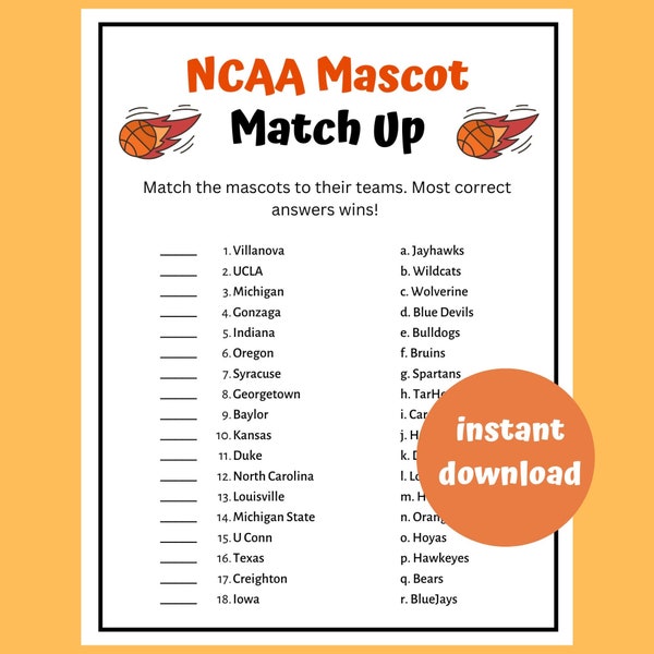 March Madness NCAA Mascot Match Up | Printable March Madness Game | NCAA Basketball | College Basketball Printable Games | NCAA Tournament