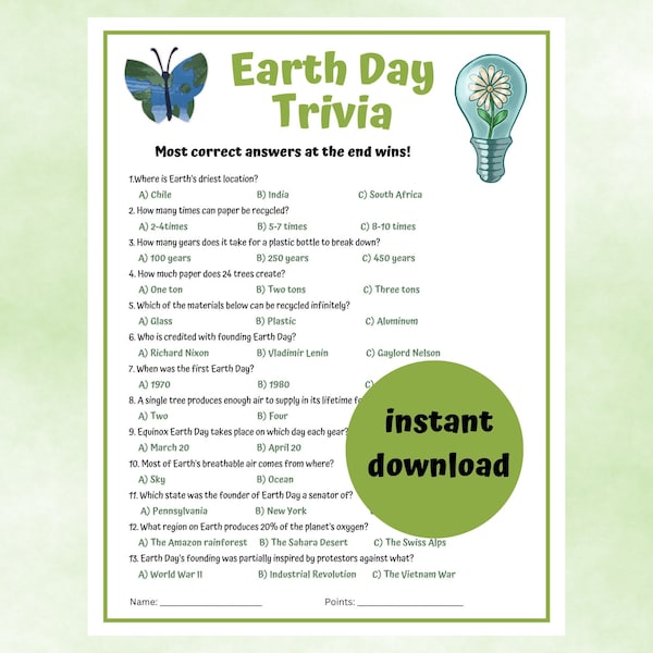 Earth Day Trivia | Earth Day Party Game | Environmental Activity for Adults & Kids | Save the Planet | Spring Game | Mother Earth Day