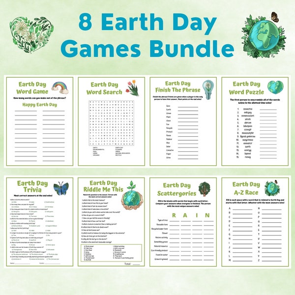 8 Earth Day Games Bundle | Earth Day Party Games for Adults & Kids | Classroom Games | Save the Planet | Spring Games | Mother Earth Day