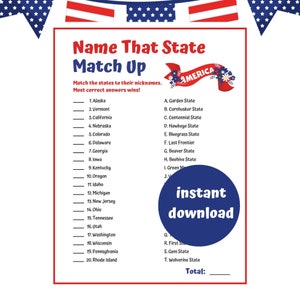 State Nicknames Trivia Game | Printable Memorial Day Party Game | Patriotic Games | Patriotic Party | 4th of July Classroom Activity