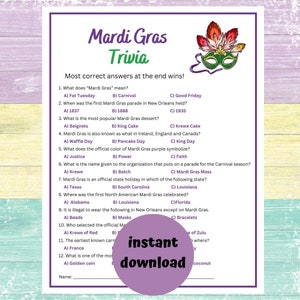 Mardi Gras Trivia Game Printable Mardi Gras Party Game Instant Download ...