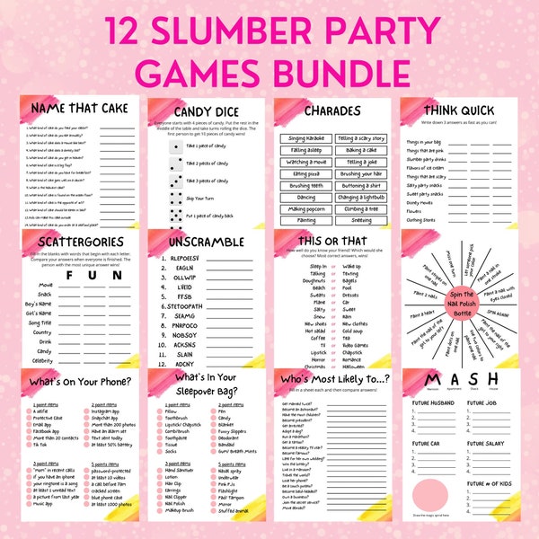 12 Teen Slumber Party Games Printable | Teen/Preteen Sleepover Games |Pajama Party Activities |Girls Sleepover Party Games |Fun Pajama Party