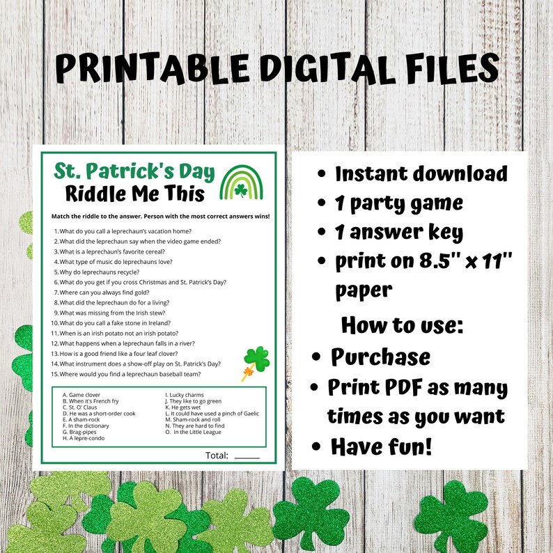St Patrick's Day Riddle Printable Game | St Paddy's Day Office ...