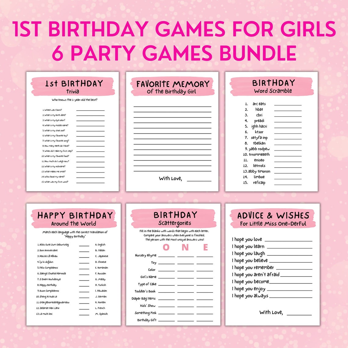 First Birthday Party Games for Girls Printable Party Games Bundle 1st ...
