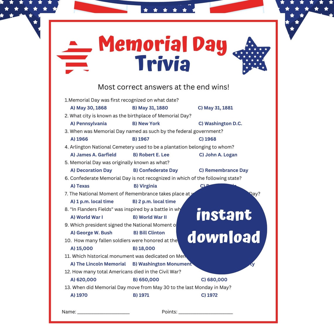 Memorial Day Trivia Game Printable Memorial Day Party Game Patriotic