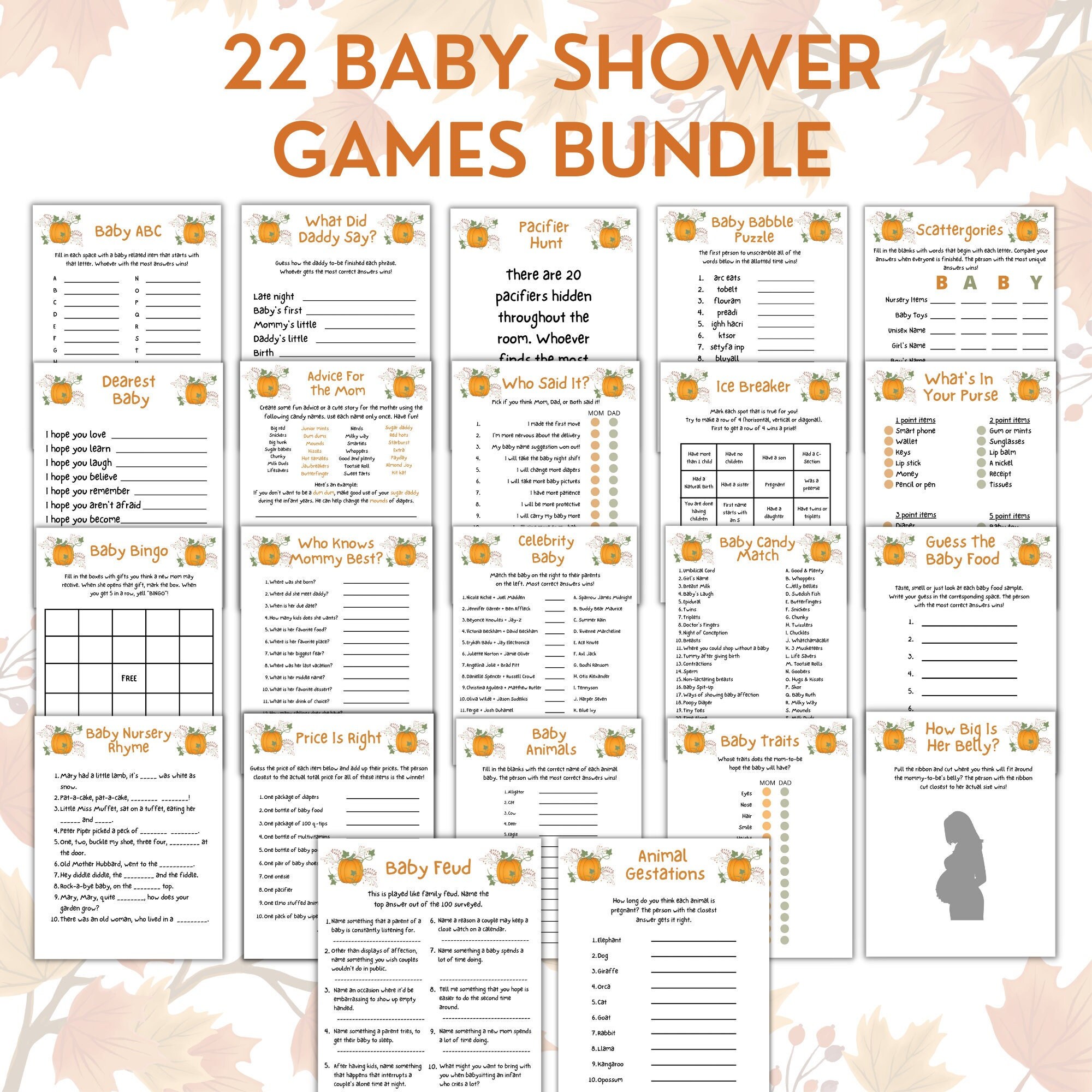 22 Pumpkin Baby Shower Games Printable Fall Baby Shower Games Autumn ...