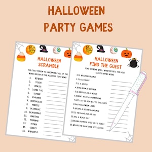 K&ouml;nnte beinhalten: Zwei druckbare Halloween-Partyspielkarten. Die erste Karte ist ein Wort-Scramble-Spiel mit 15 W&ouml;rtern zum Entschl&uuml;sseln. Die zweite Karte ist ein "Find the Guest"-Spiel mit 13 Aufforderungen, um einen Gast zu finden, der der Beschreibung entspricht.