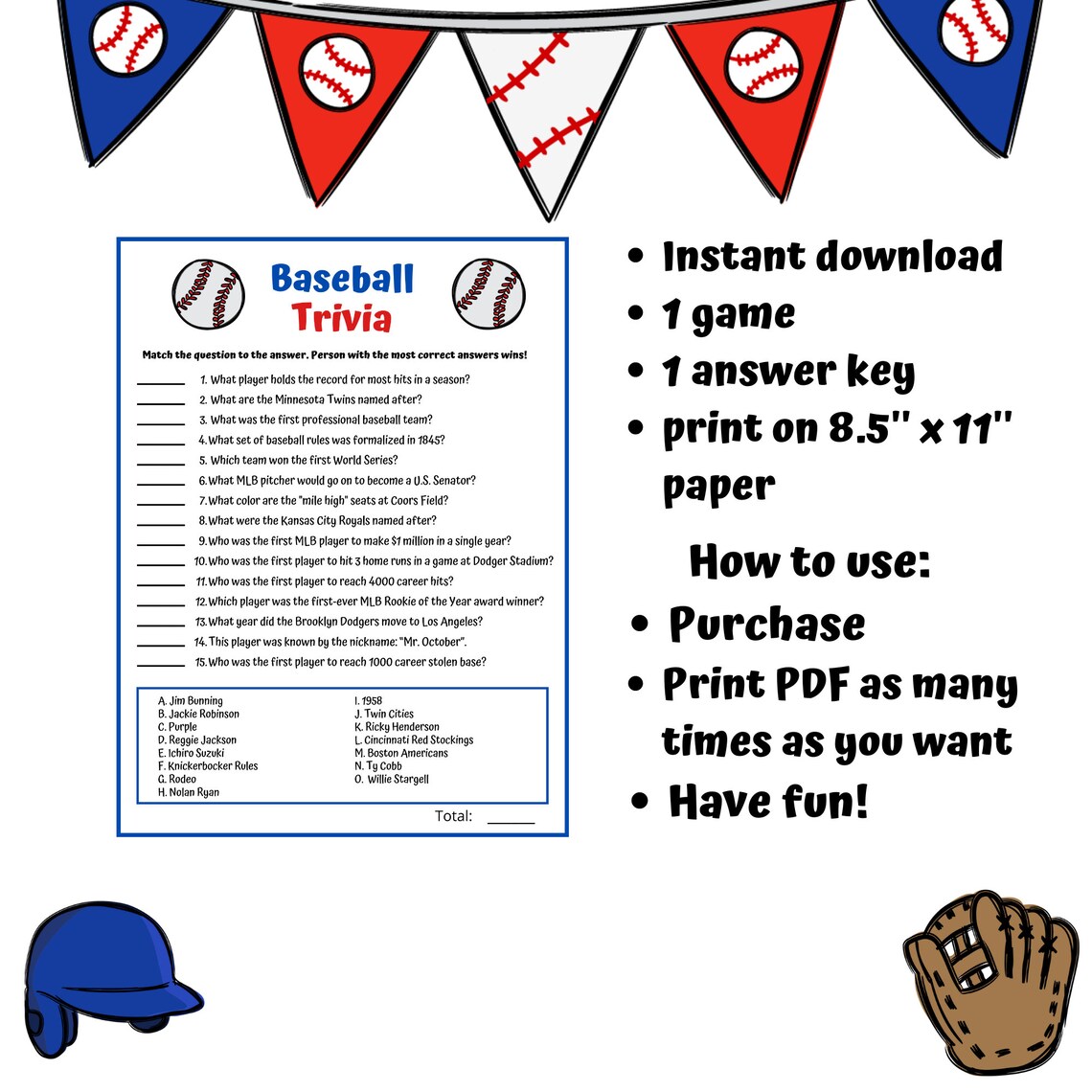 Baseball Trivia Game Baseball Team Party Games MLB Game for Adults