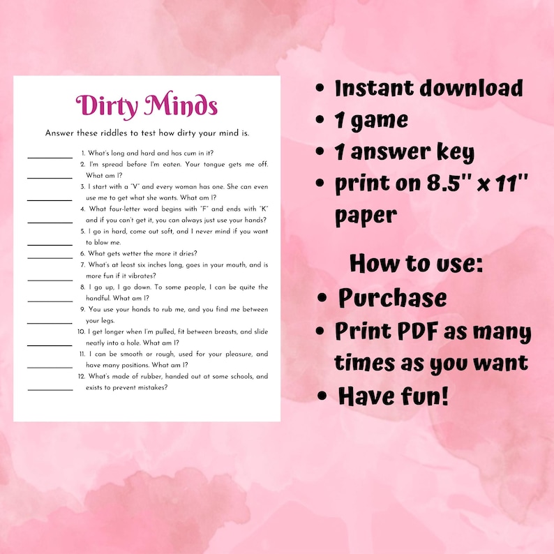 May include: A pink printable game card with the title "Dirty Minds" and 12 riddles to test how dirty your mind is. The card also includes instructions for instant download, printing on A4 paper, and how to use the game.