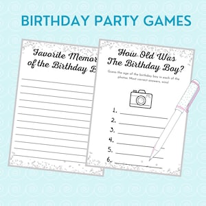 May include: Two printable birthday party game cards with a silver glitter background. The first card is titled "Favorite Memories of the Birthday Boy" and has blank lines for writing. The second card is titled "How Old Was The Birthday Boy?" and has a camera icon and numbered lines for writing.
