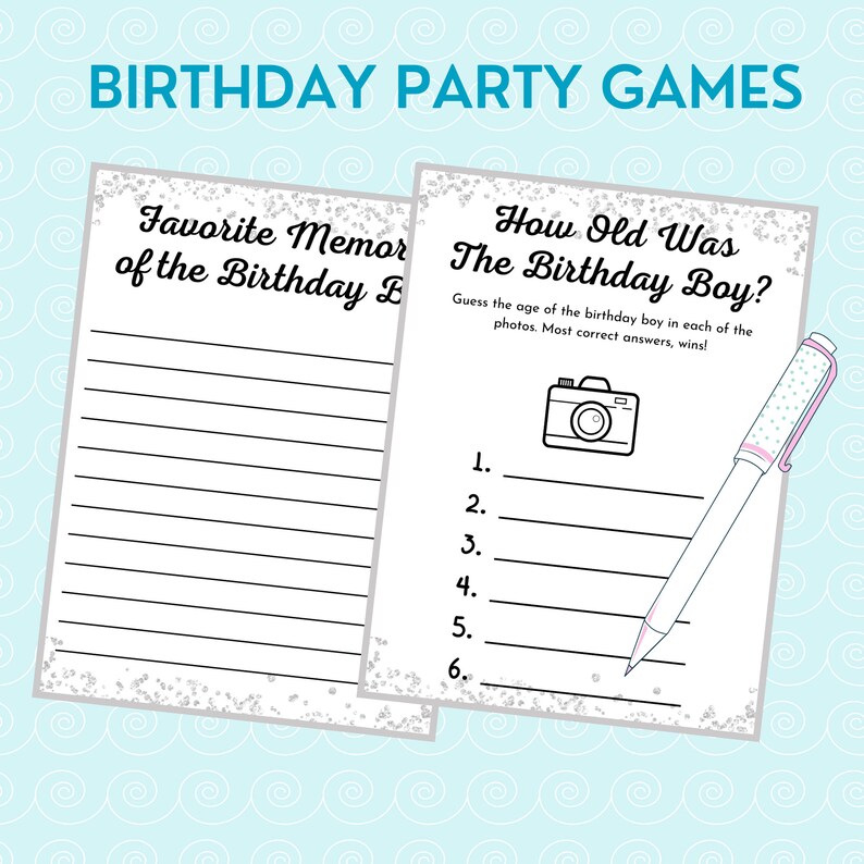 May include: Two printable birthday party game cards with a silver glitter background. The first card is titled "Favorite Memories of the Birthday Boy" and has blank lines for writing. The second card is titled "How Old Was The Birthday Boy?" and has a camera icon and numbered lines for writing.
