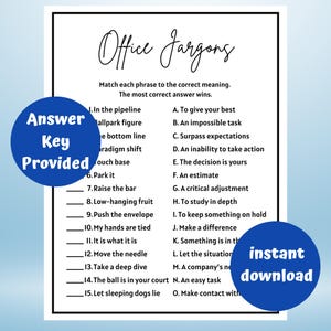 Puede incluir: Un juego imprimible de jerga de oficina con un ejercicio de emparejamiento. El juego incluye frases como "in the pipeline" y "low-hanging fruit" con las definiciones correspondientes. También son visibles las palabras "Answer Key Provided" y "instant download".