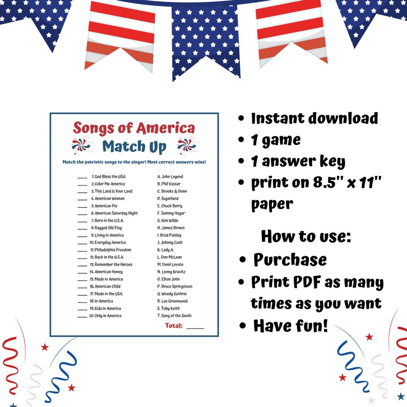 Singer Matching Game Songs of America Trivia Match up Game | Patriotic Songs | Memorial Day ...