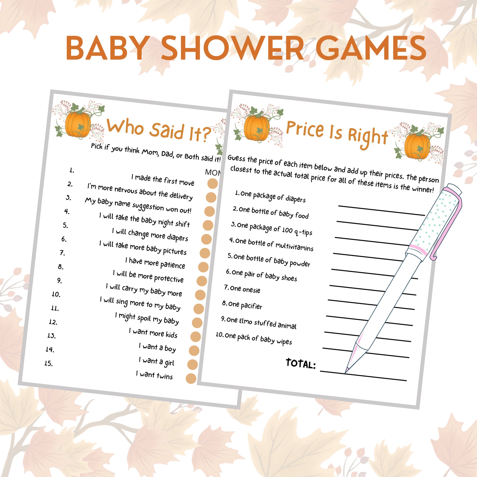 22 Pumpkin Baby Shower Games Printable Fall Baby Shower Games Autumn ...