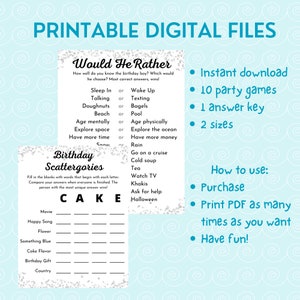 May include: Printable digital files for a birthday party game. The game is called "Would He Rather" and includes a list of questions for guests to answer about the birthday person. The game also includes a "Birthday Scattergories" game with a list of categories for guests to fill in with words that start with each letter of the word "CAKE".