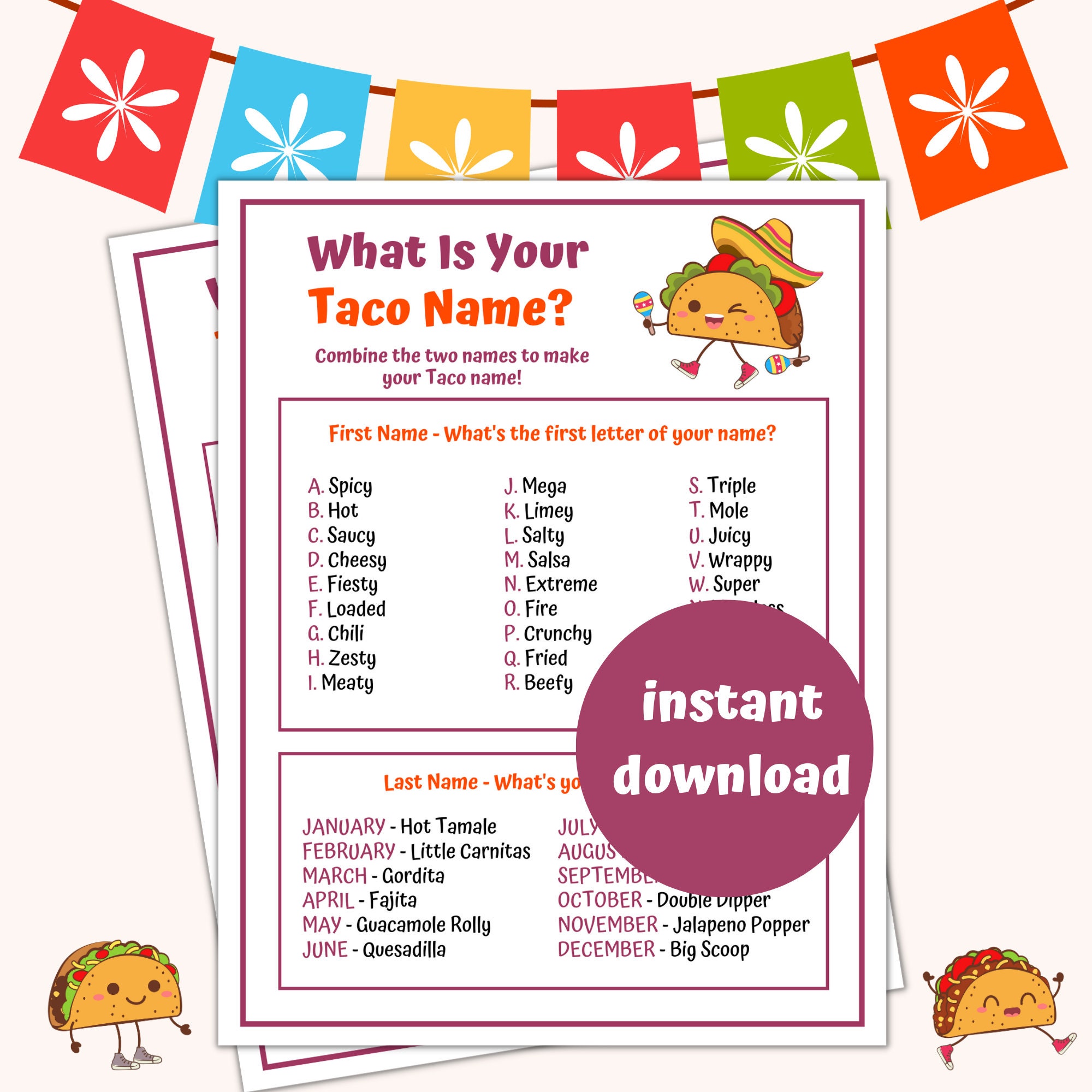 What is Your Taco Name Game | Cinco De Mayo Party Game | Fiesta | Fun Name Game | Fun Mexican Games | Taco Party Game | Taco Tuesday - Etsy for What S Your Taco Name Printable Free