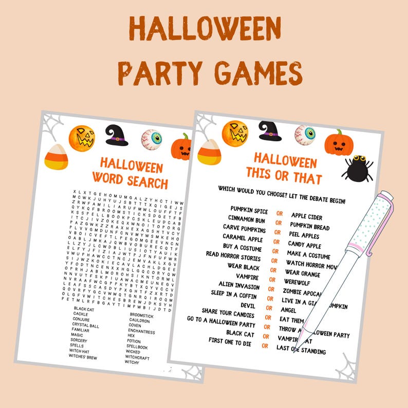 K&ouml;nnte beinhalten: Zwei druckbare Halloween-Partyspielbl&auml;tter. Das erste Blatt ist ein Wortsuchspiel mit dem Titel "Halloween Word Search". Das zweite Blatt ist ein "This or That"-Spiel mit dem Titel "Halloween This or That". Beide Bl&auml;tter zeigen Halloween-Motive.